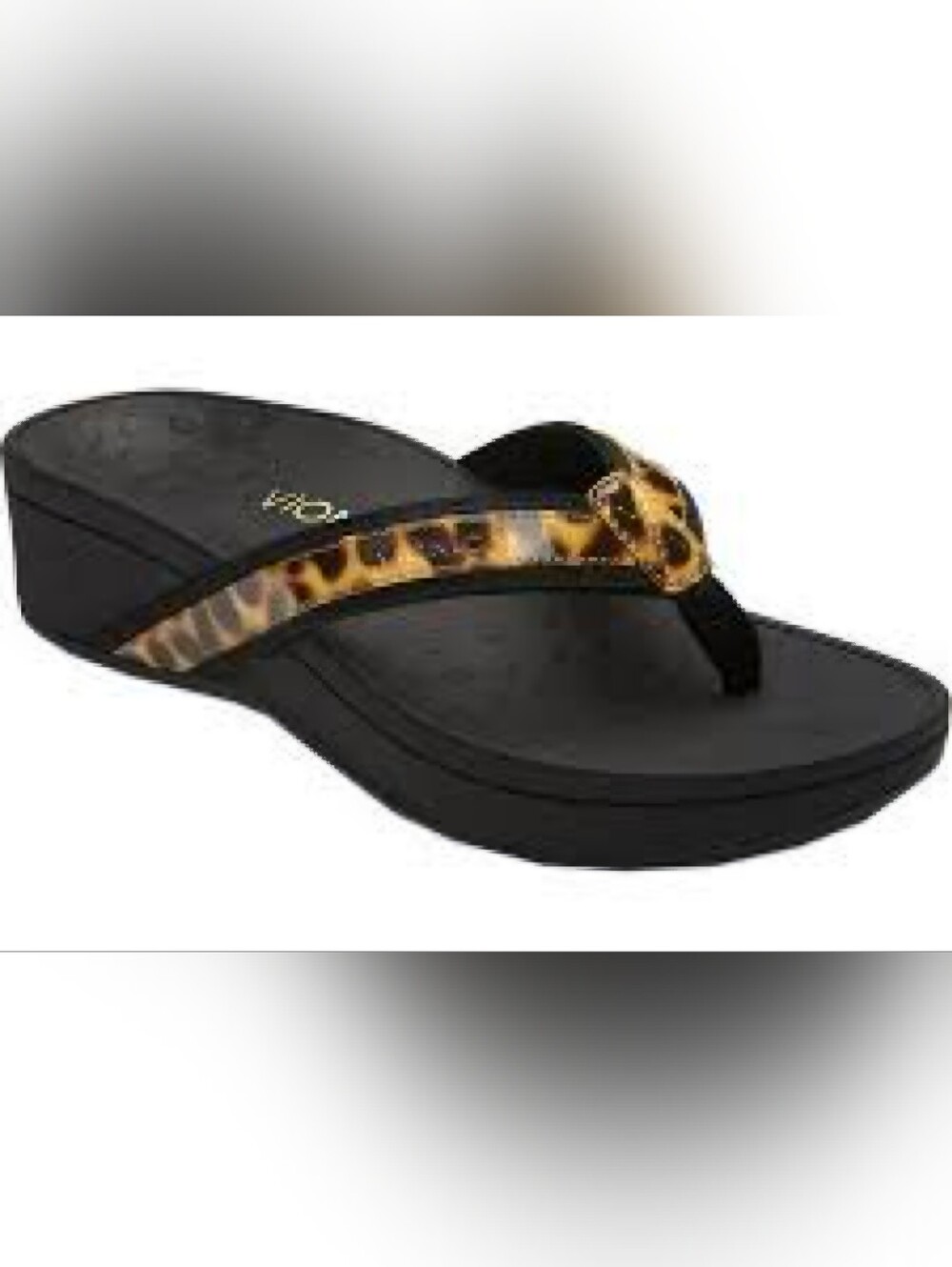 Vionic Leopard-Accent Black Wedge Thong Sandal Size 8